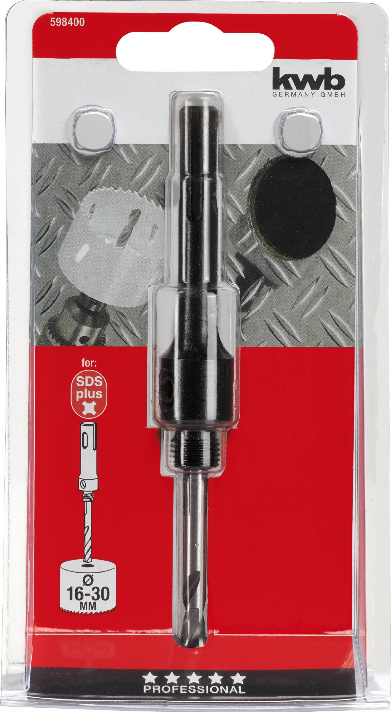 Adapter koronki wiertniczej metalowej kwb do SDS Plus, przeznaczony do wykonywania otworów o średnicy 16-30 mm. Zapakowany w plastikowe opakowanie z czerwonym tłem.