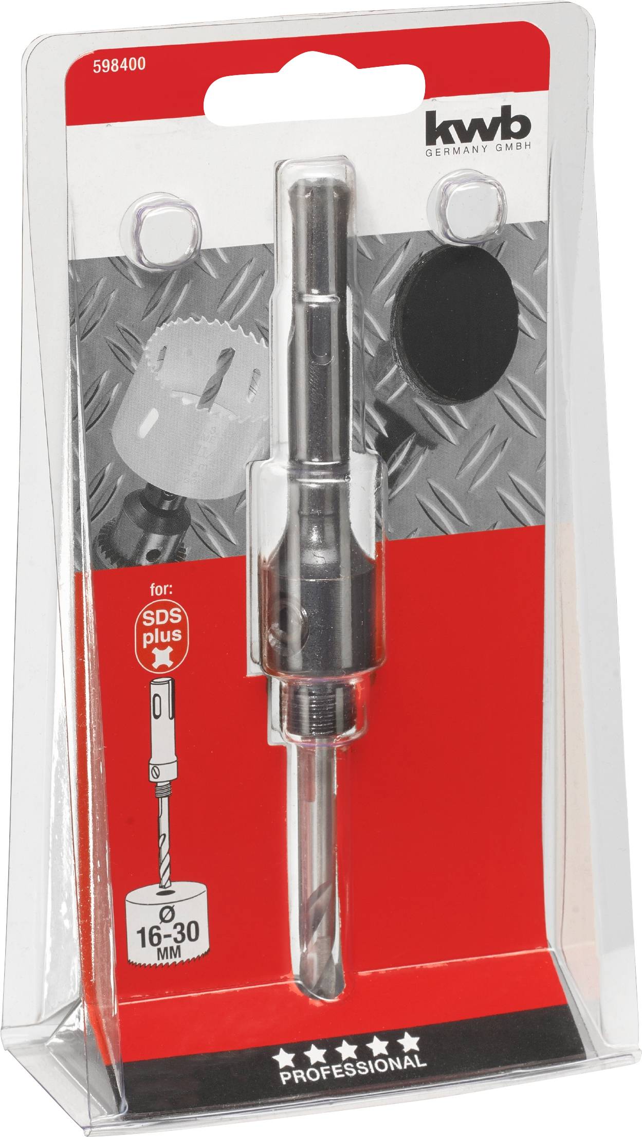 Pakowany zestaw pił otworowych SDS Plus, 16-30 mm, marki kwb. Zawiera wiertła i adapter. Odpowiedni do zastosowań profesjonalnych.