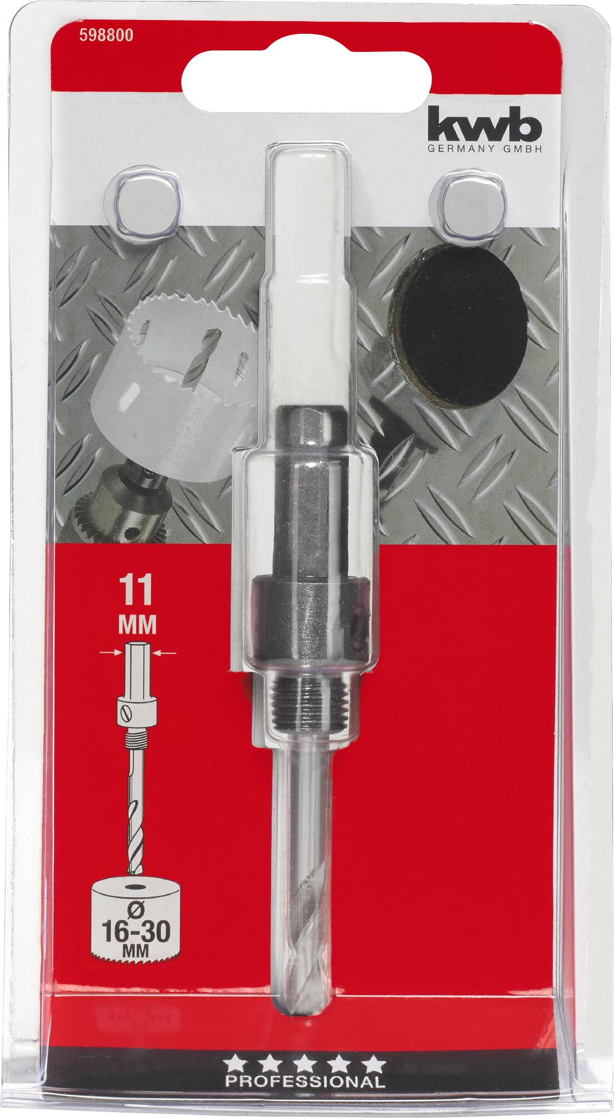 'Piła otwornica KWB, 11 mm, z adapterem 16-30 mm do precyzyjnego wiercenia. Opakowanie prezentuje wiertło metalowe i szczegóły marki.'