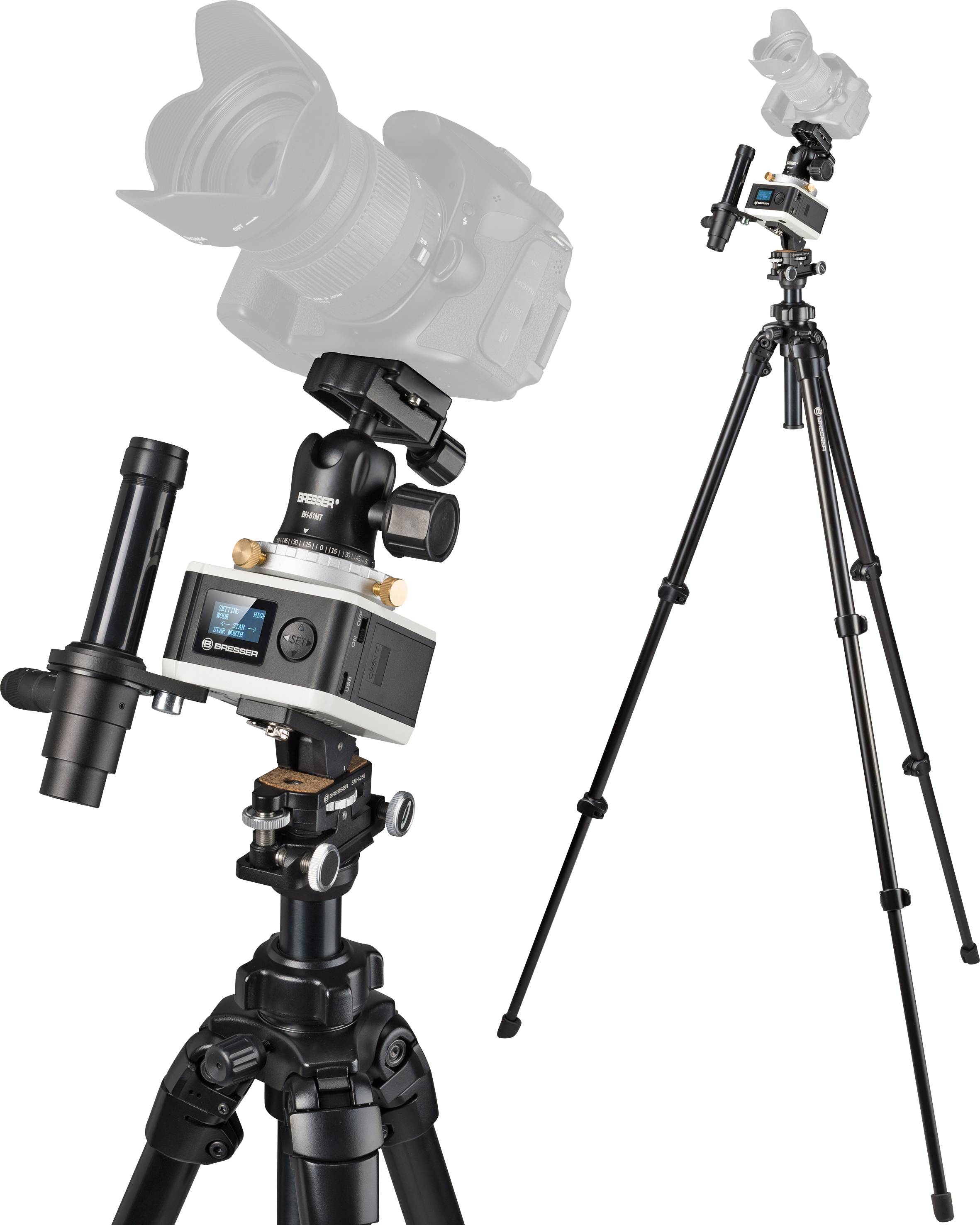 Kamera na statywie z mocowaniem do teleskopu lub astrofotografii, prezentująca szczegółowe mocowanie i możliwości regulacji.