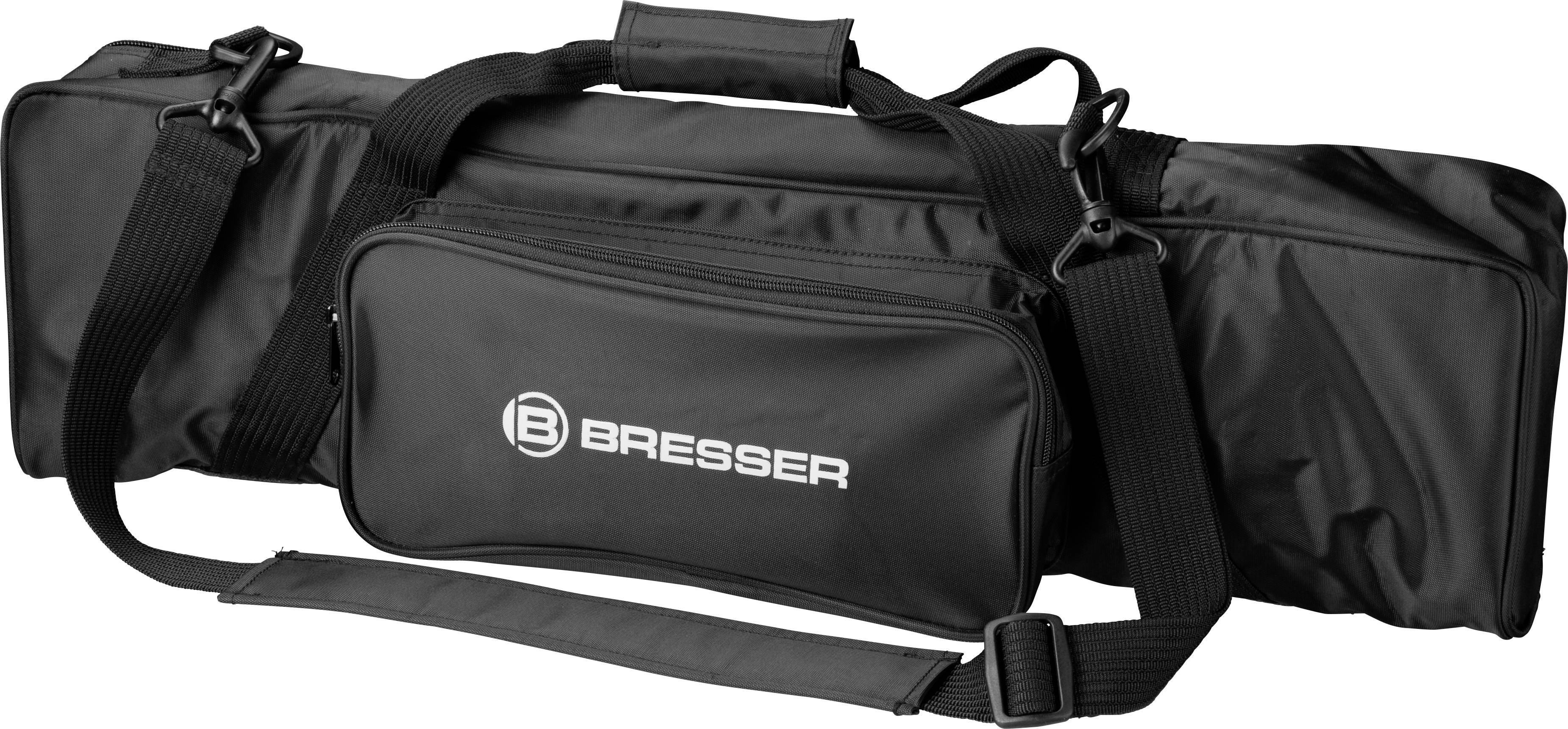Czarna torba Bresser z paskiem do noszenia i dużą kieszenią zamykaną na zamek błyskawiczny z przodu, odpowiednia do transportu instrumentów.