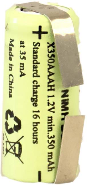 Zielono-żółty cylindryczny akumulator z napisem „Standard charge 16 hours at 35 mA". Pojemność 350 mAh, 1,2V. Wyprodukowano w Chinach.