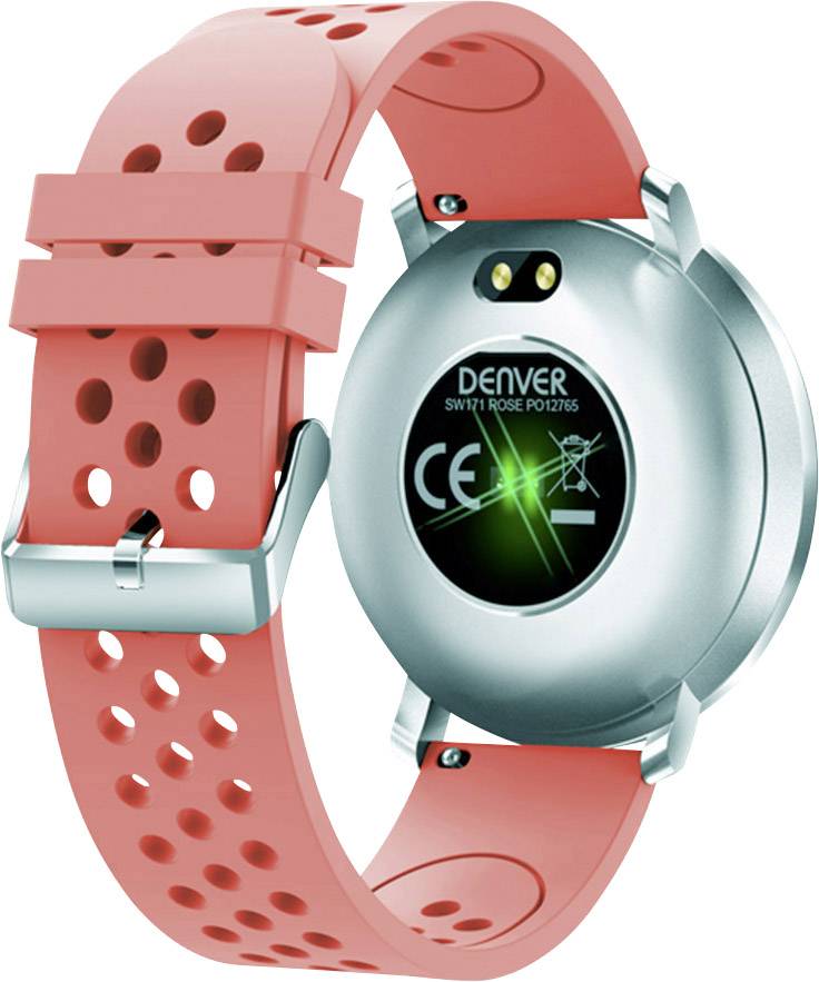 Tylna strona srebrnego zegarka cyfrowego z różowym paskiem, prezentująca oznaczenie CE i świecący czujnik.