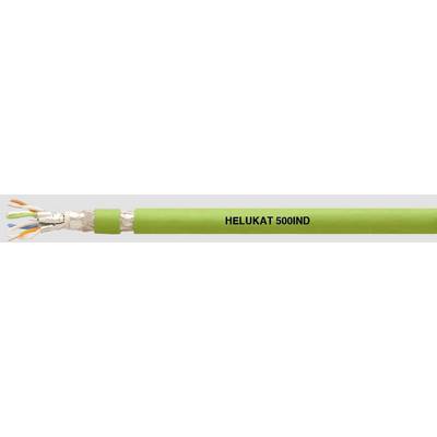 Zielony kabel z napisem 'HELUKAT 500IND'. Po lewej stronie widoczne są odkryte przewody w kolorowych izolacjach.