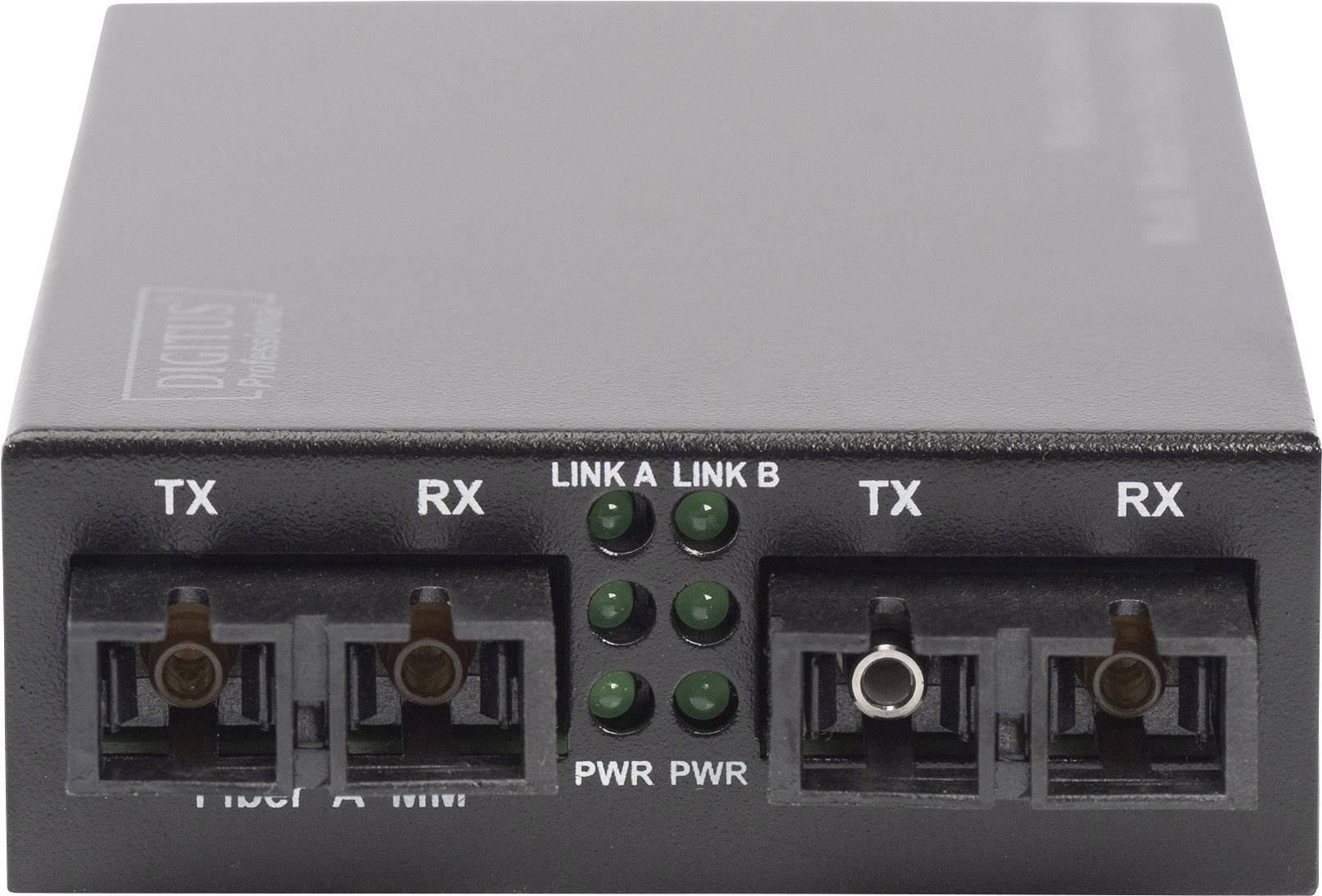 Czarny adapter sieciowy z gniazdami TX i RX oraz wskaźnikami LED dla LINK A, LINK B oraz PWR.