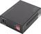Czarny konwerter mediów PoE w prostokątnej obudowie z otworami wentylacyjnymi, wejściem prądu stałego oraz przełącznikiem z pozycjami WŁ./WYŁ.