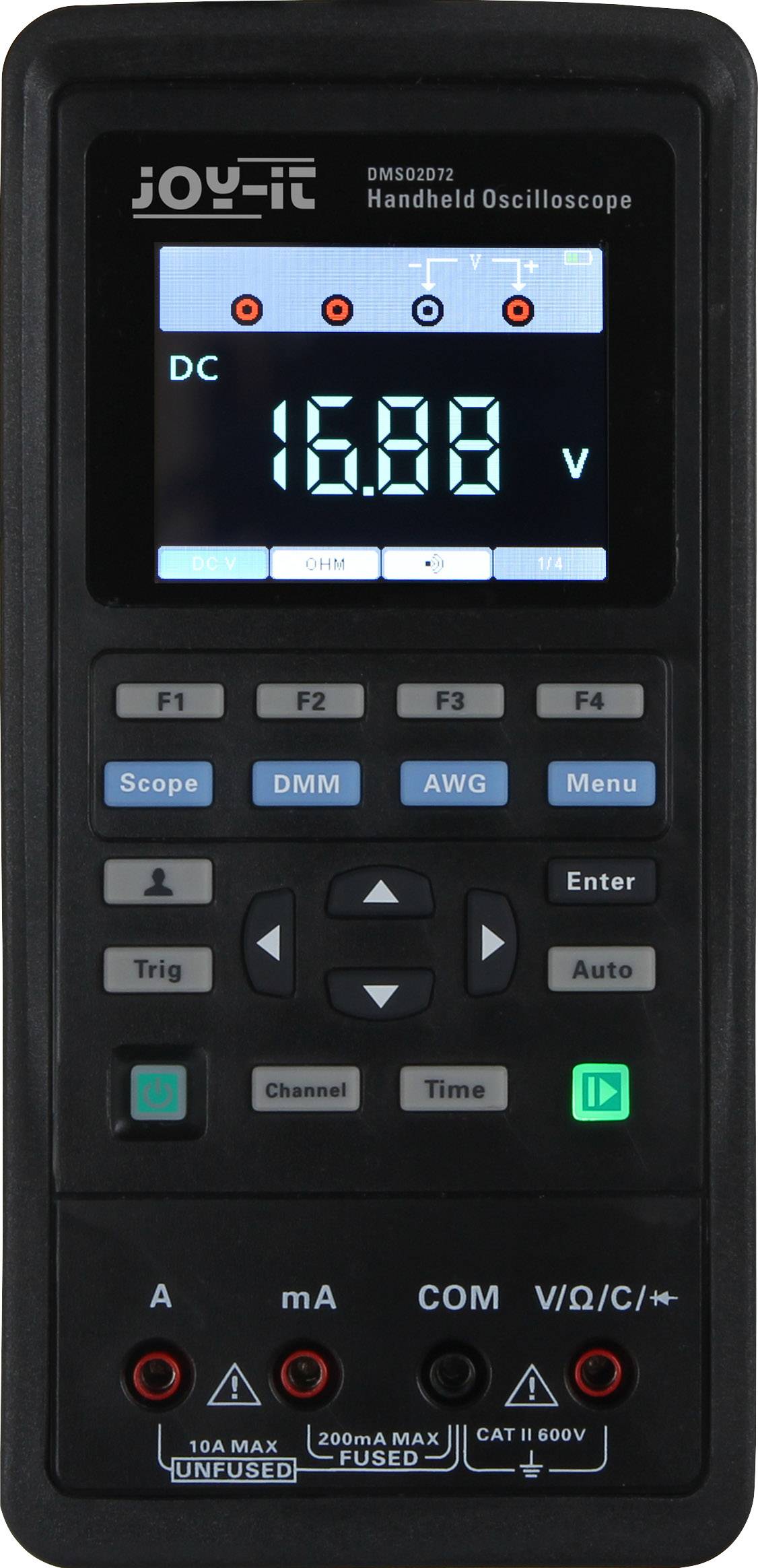 Przenośny oscyloskop z podświetlanym wyświetlaczem pokazuje '16,88 V'. Przyciski do funkcji takich jak 'Scope', 'DMM', 'Trig' i 'Auto'.