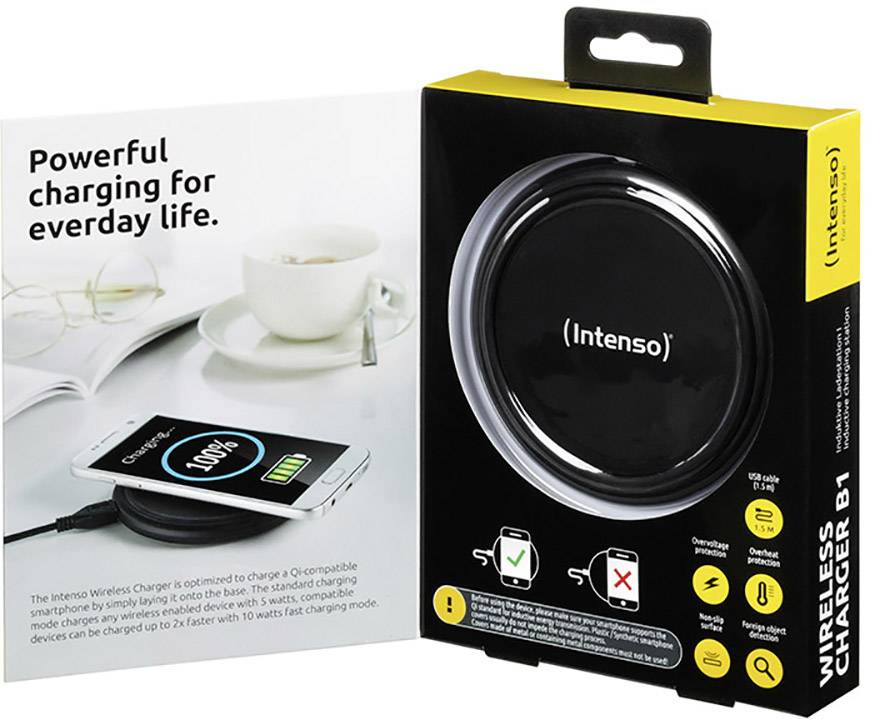 Bezprzewodowa ładowarka Intenso w otwartym opakowaniu. Smartfon pokazujący stan naładowania 100%. Tekst na opakowaniu: 'Potężne ładowanie do codziennego użytku.'