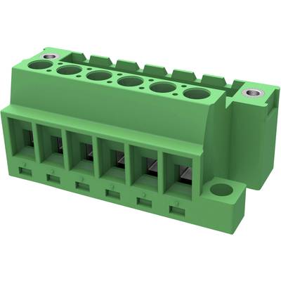Zielony elektryczny blok zaciskowy z wieloma otworami przyłączeniowymi, odpowiedni do łączenia przewodów w obwodach elektrycznych.