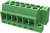 Zielony elektryczny blok zaciskowy z wieloma otworami przyłączeniowymi, odpowiedni do łączenia przewodów w obwodach elektrycznych.