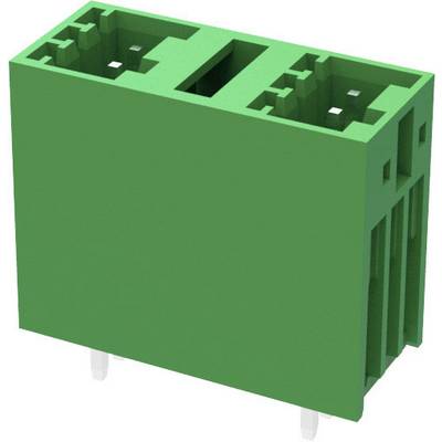 Zielony elektryczny złącze wtykowe z dwoma pinami, prostokątny kształt, przeznaczony do stosowania na płytkach drukowanych w urządzeniach elektronicznych.