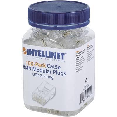 Pojemnik z tworzywa sztucznego z napisem 'Intellinet 100-Pack Cat5e RJ45 Modular Plugs'. Zawiera przezroczyste wtyki do przewodów sieciowych.