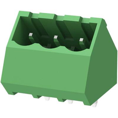Zielony, trzystykowy złącz z pinami, używany do połączeń elektronicznych.