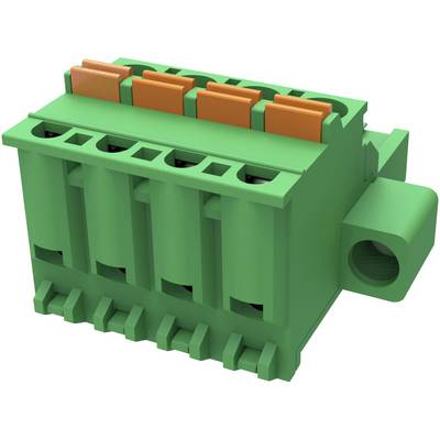 Zielony złącze z pięcioma pomarańczowymi zaciskami. Służy jako połączenie elektryczne w urządzeniach elektronicznych.