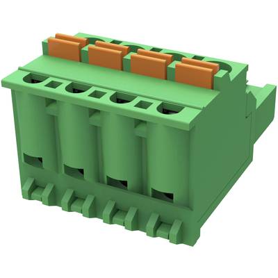Zielony elektryczny złącz wielogniazdowy z pomarańczowymi zaciskami do łączenia przewodów w elektronice.