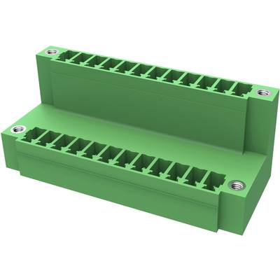 Zielony element plastikowy z wieloma gniazdami, prawdopodobnie do połączeń elektrycznych, z czterema otworami mocującymi w narożnikach.