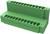Zielony element plastikowy z wieloma gniazdami, prawdopodobnie do połączeń elektrycznych, z czterema otworami mocującymi w narożnikach.