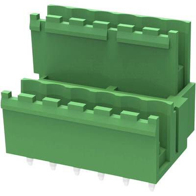 Zielony wtyk z tworzywa sztucznego do montażu płytek drukowanych z wieloma stykami i zatrzaskami, prawdopodobnie do zastosowań elektronicznych.