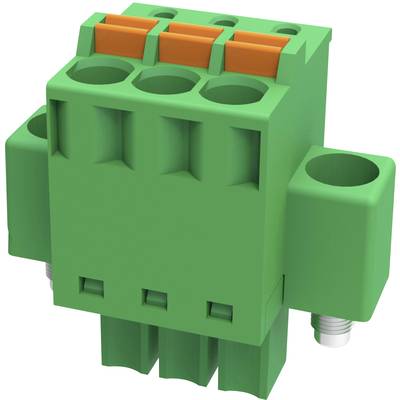 Zielona listwa zaciskowa z trzema pomarańczowymi zaciskami, używana do połączeń elektrycznych w obwodach.