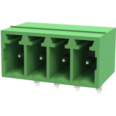 Zielony, czteropinowy złącze z kontaktami lutowanymi. Główną cechą są cztery równomierne gniazda do połączeń elektrycznych.