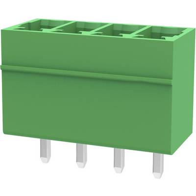 Zielony złącze z czterema przyłączami i czterema stykami wystającymi z podłoża, przeznaczone do zastosowań w podzespołach elektronicznych.