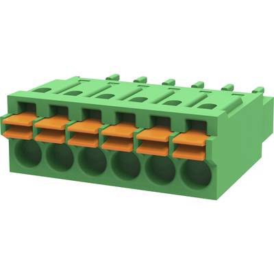 Zielony złącz z czterema gniazdami i pomarańczowymi dźwigniami do zwalniania kabli. Nadaje się do urządzeń elektronicznych.