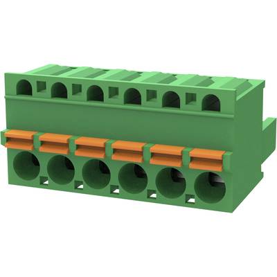 Zielony, prostokątny elektryczny blok złączowy z pomarańczowymi zatrzaskami w środku. Posiada kilka otworów przyłączeniowych.