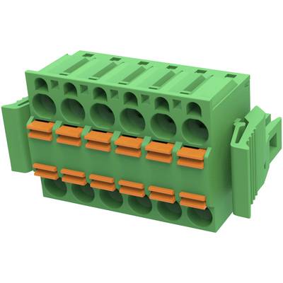 Zielony, prostokątny elektryczny złącz wielostykowy z bocznymi zatrzaskami, wykonany głównie z tworzywa sztucznego.