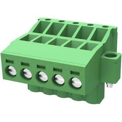 Zielony elektryczny złącze z pięcioma stykami, odpowiednie do montażu na płytkach drukowanych w urządzeniach elektronicznych.