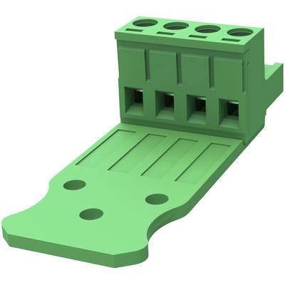 Zielony, prostokątny wtyk plastikowy z czterema otworami do podłączenia przewodów.