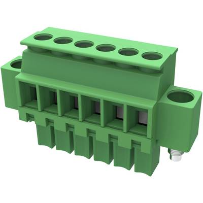 Zielony elektryczny złącze z sześcioma punktami przyłączeniowymi, używane do łączenia przewodów w obwodach elektrycznych.