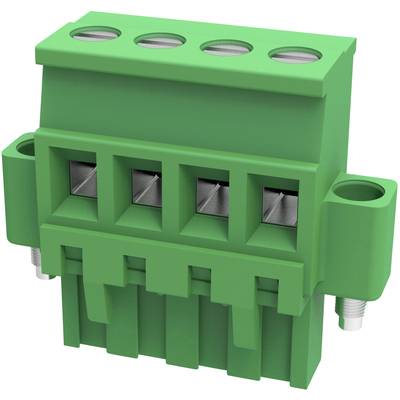 Zielony elektryczny złącz kablowy z czterema otworami przyłączeniowymi i dwoma śrubami, przeznaczony do łączenia przewodów w urządzeniach elektronicznych.
