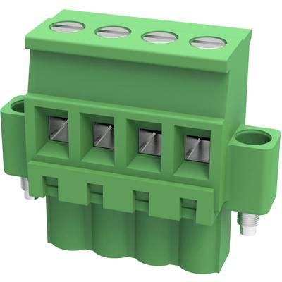 Zielony elektryczny złącz z czterema punktami przyłączeniowymi, każdy z wkładkami metalowymi, otoczony obudową z tworzywa sztucznego.
