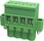 Zielony elektryczny złącz z czterema punktami przyłączeniowymi, każdy z wkładkami metalowymi, otoczony obudową z tworzywa sztucznego.