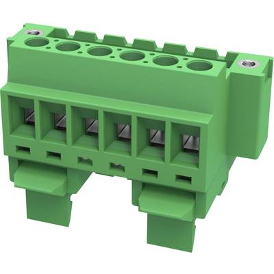 Zielony, sześciobiegunowy złącze wtykowe z zaciskami śrubowymi, odpowiednie do połączeń elektrycznych na płytce drukowanej.
