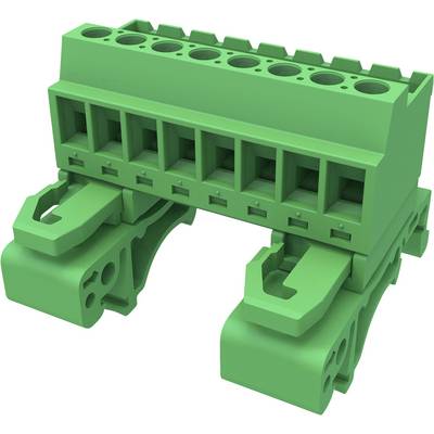Zielony elektryczny blok zaciskowy z wieloma punktami przyłączeniowymi i elementami mocującymi. Stosowany do połączeń kablowych w instalacjach technicznych.