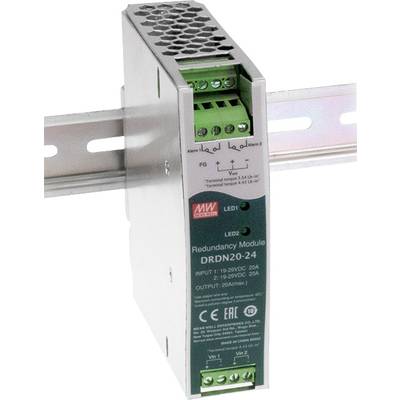 Moduł redundancji DRDN20-24 z zielonymi złączami i wskaźnikami LED, zamontowany na szynie DIN.