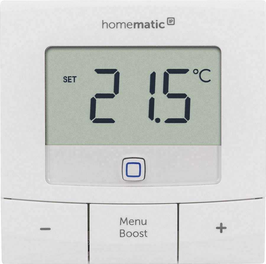 Wyświetlacz termostatu wskazuje '21,5°C', model 'homematic IP', z przyciskami Menu, Boost, Plus i Minus pod ekranem.