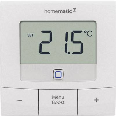 Wyświetlacz termostatu wskazuje '21,5°C', model 'homematic IP', z przyciskami Menu, Boost, Plus i Minus pod ekranem.