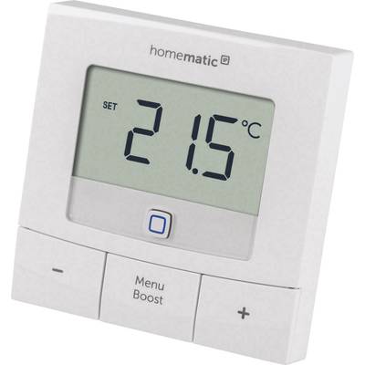 Cyfrowy termostat wskazuje '21,5 °C'. Poniżej znajdują się przyciski z oznaczeniami 'Menu', 'Boost' i ze znakiem plus.
