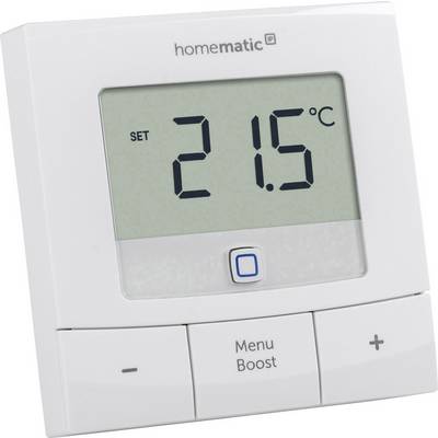 Cyfrowy termostat naścienny wyświetla ustawioną temperaturę 21,5 stopni Celsjusza i posiada przyciski menu, trybu boost oraz regulacji temperatury.