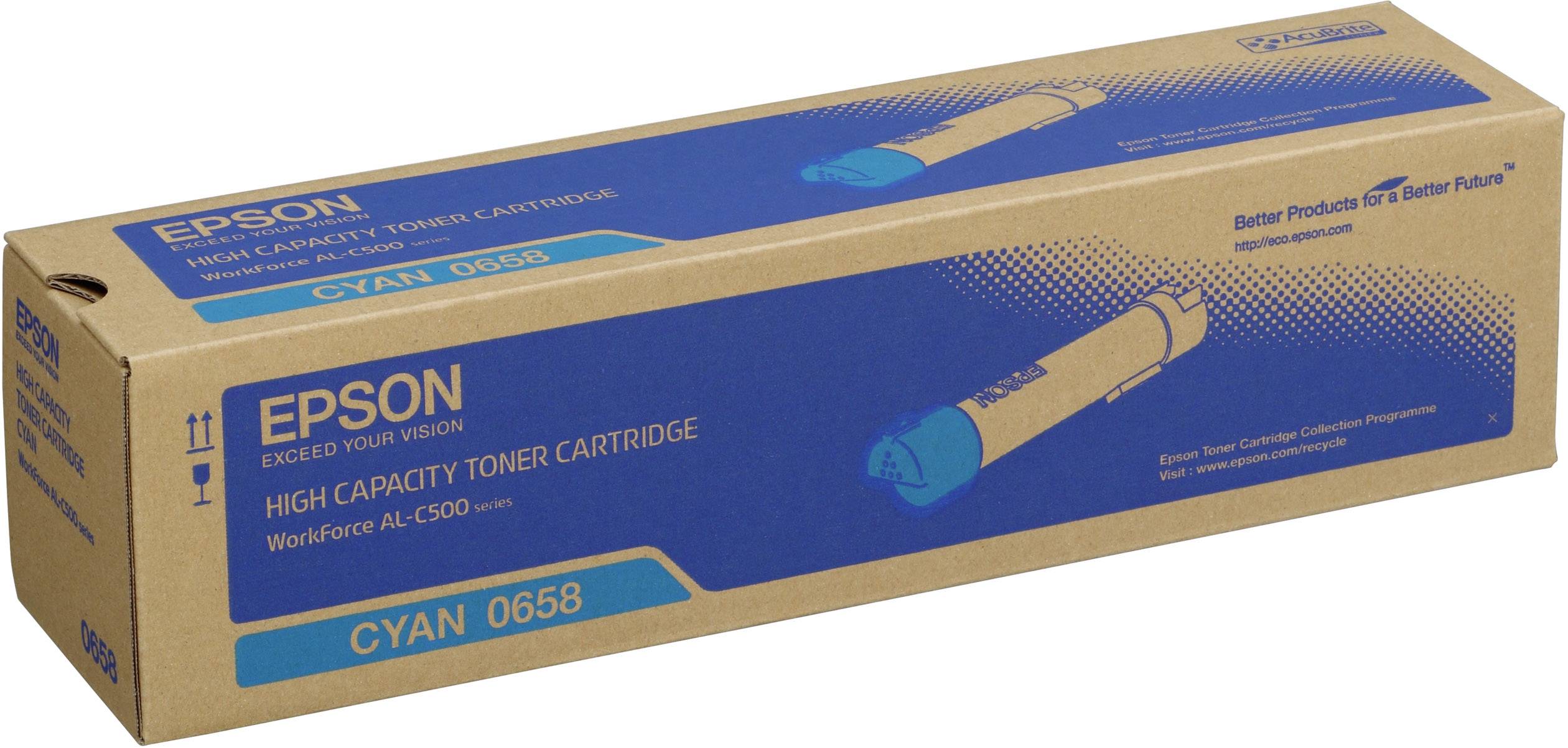 Wkład z tonerem wysokowydajnym Epson w kolorze cyan, numer produktu 0658, w opakowaniu. Kompatybilny z serią drukarek Workforce AL-C500.