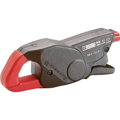 Elektroniczny adapter pomiarowy z czerwonym ramieniem chwytnym, przeznaczony do pomiaru prądu elektrycznego w różnych przewodach lub liniach.