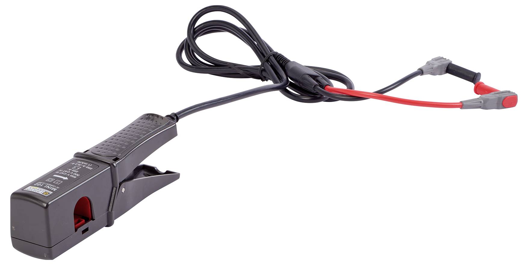 Czarny adapter cęgowy z przewodem stałym oraz dwoma zaciskami krokodylkowymi w kolorach czerwonym i czarnym do pomiaru prądu.