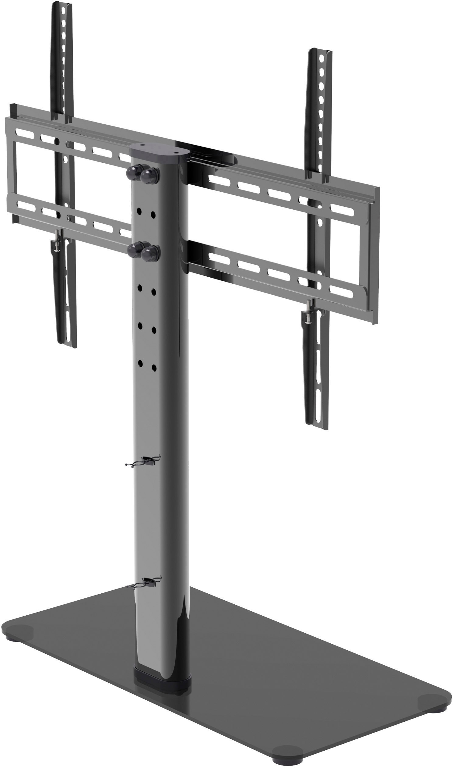 Czarny stojak telewizyjny z regulowaną wysokością mocowania, odpowiedni dla telewizorów płaskich.