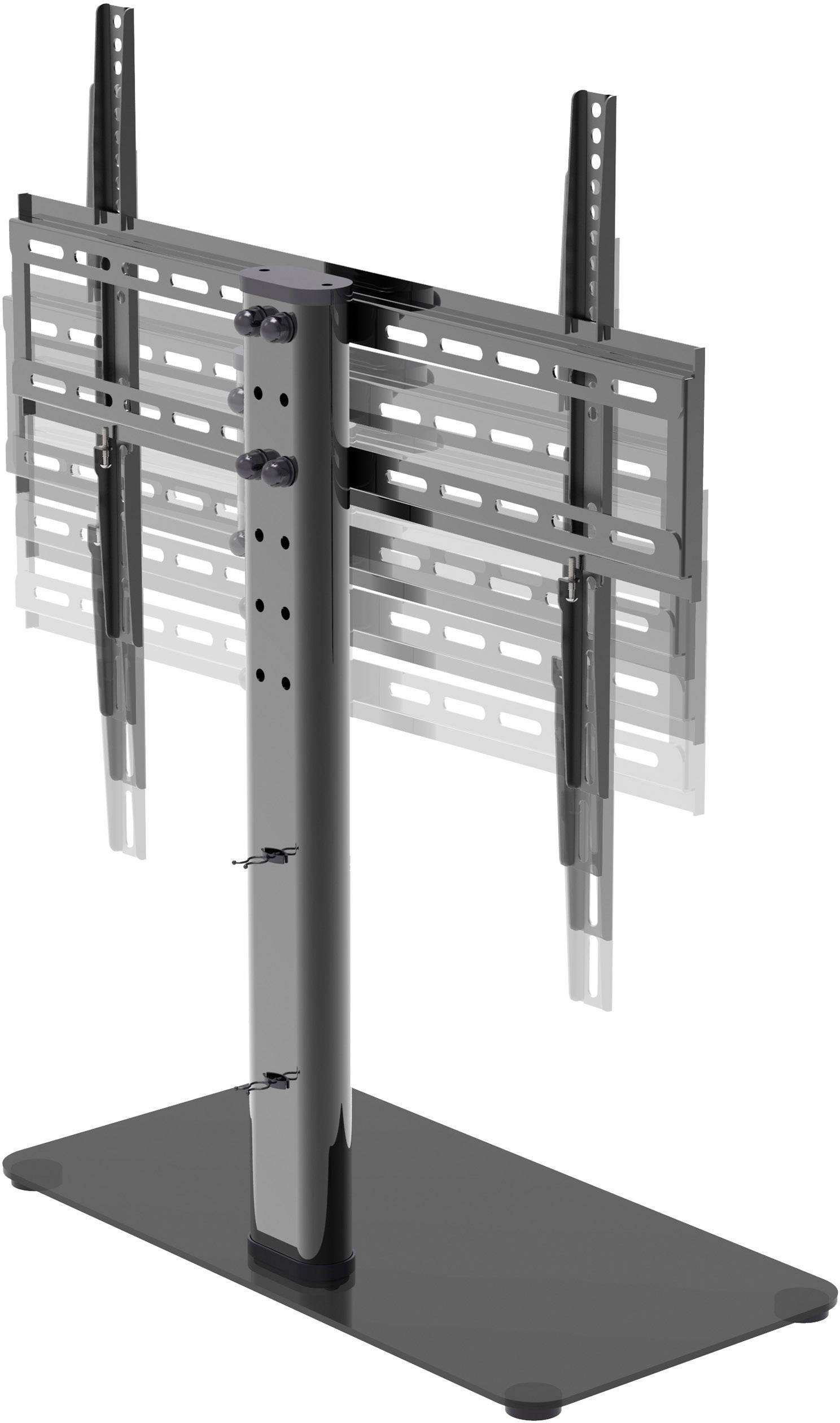 Czarny, regulowany wysokościowo stojak na telewizor z prostokątną podstawą i regulowaną ramą mocującą, odpowiedni dla różnych rozmiarów telewizorów.