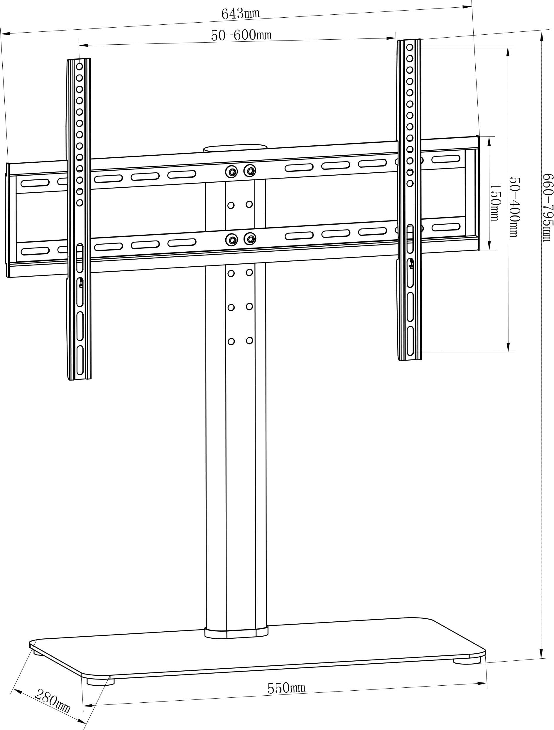 Instrukcja montażu podstawy pod telewizor z regulacją wysokości. Wymiary: szerokość 643 mm, wysokość 1330 mm, podstawa 550 mm szerokości.