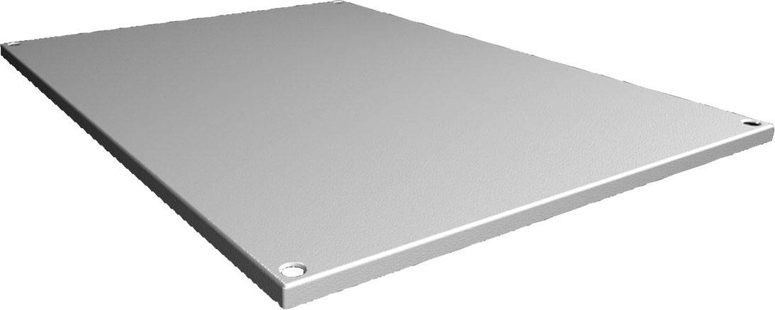 Prostokątny, jednorodny arkusz metalowy z zaokrąglonymi narożnikami i otworami śrubowymi w każdym rogu, na białym tle.