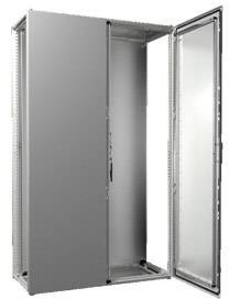 Otwarty szary metalowy szafka, wewnątrz pusty, z otwartymi drzwiami, odpowiedni do przechowywania urządzeń technicznych lub elektronicznych.