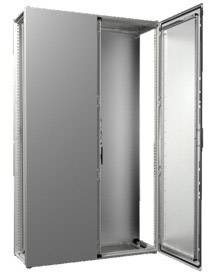 Szary, otwarty szafka metalowa z dwoma drzwiami. Szafka jest pusta i widać jej lewą stronę wewnętrzną.